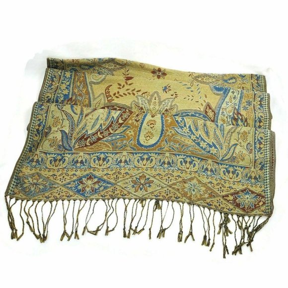 Women's Scarf Pashmina Soft Silky Shawl Wrap Light Stole Veil in Gold & Blue - Picture 6 of 7